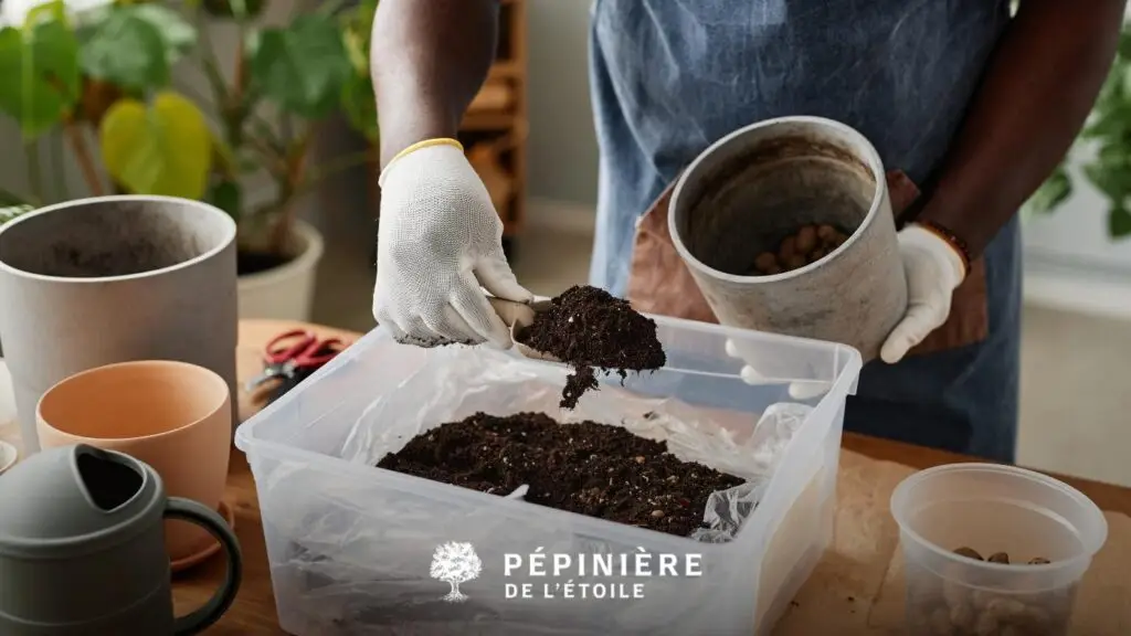 Homme entrain de préparer du terreau pour plantes